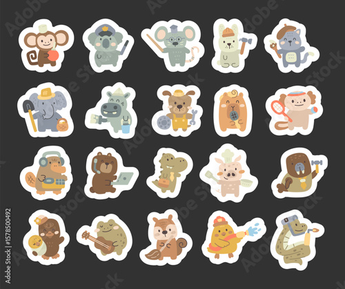 Animal profession in scandinavian style set featuring working different jobs like teacher, nurse, mechanic, musician, firefighter and farmer for yours designs projects