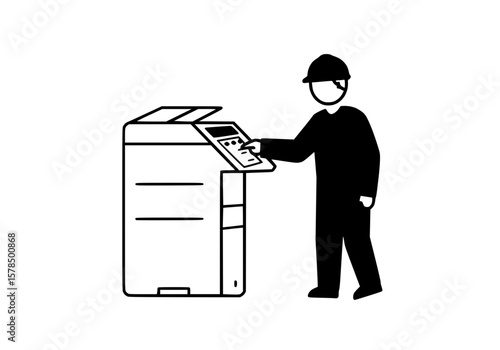 Worker pressing button on office printer, black outline and solid maroon fill, white background