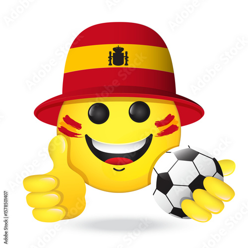 Football fan, emoji in Spanish flag colors hat. Vector emoticon smiles holding thumb up, with soccer ball. Yellow emoticon for internet chats, sports bars. Isolated icon for mobile apps, social media