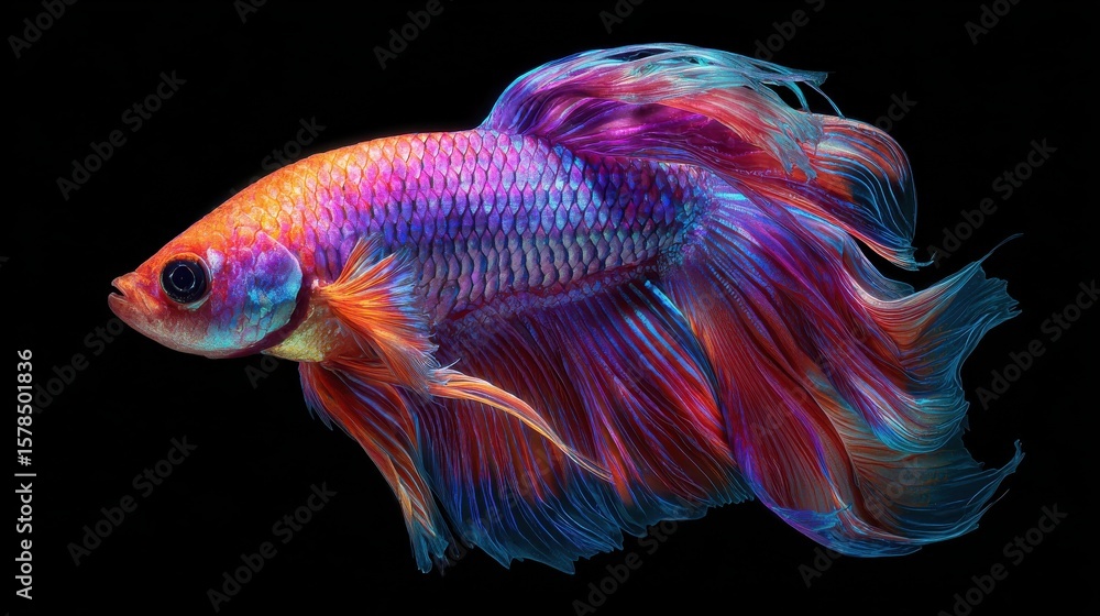 Fototapeta premium Beautiful Siamese fighting fish on dark background. Betta fish. Colorful fighting Siamese fish with beautiful silk tail isolated on black. Generative AI.