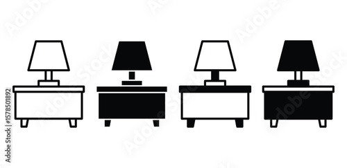 Nightstand Icon Set Black and White Table Lamp Illustrations Vector Design