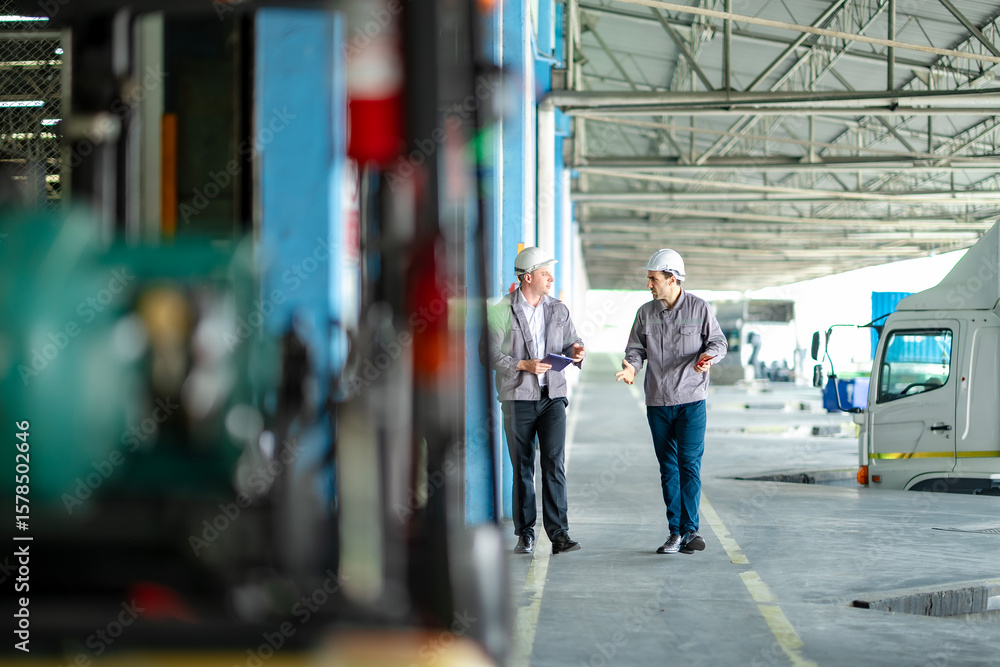 Fototapeta premium Industrial logistics professionals walking side by side outside a warehouse. Freight trucks are visible in the background, emphasizing transport, teamwork, and supply chain flow.