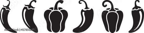 Six Black Pepper and Bell Pepper Silhouettes on White Background chili paprika