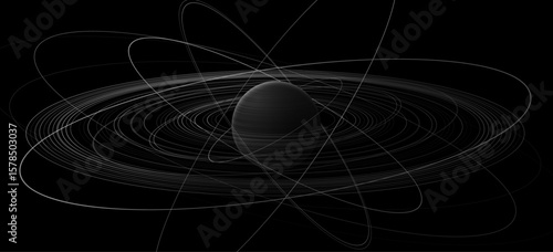 Minimalist black hole sphere surrounded by dynamic orbital rings on dark background. Abstract composition evokes concepts of physics, gravity, atomic structure, and futuristic space. Vector.