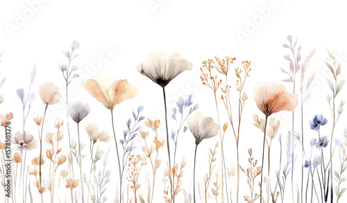 Pastel watercolor flowers and plants create a delicate floral pattern isolated on transparent background