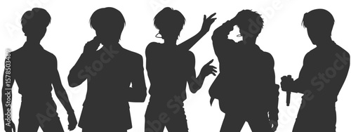 Set vector illustrations of silhouettes of kpop idols singing and dancing on stage. Flat vector kpop boyband. Male dancers with various different styles, poses and choreography.