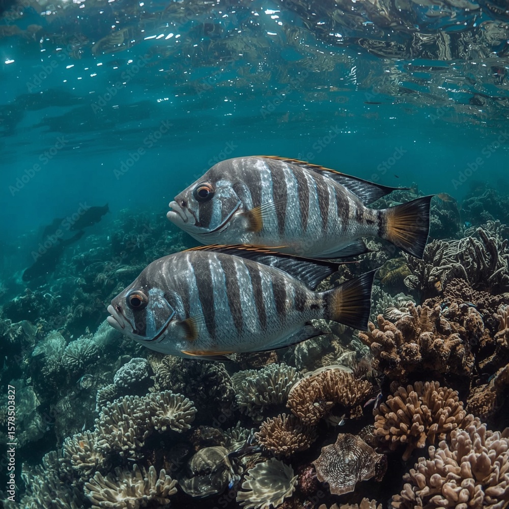 Obraz premium Colorful marine fish swimming gracefully around vibrant coral reef ecosystem.
