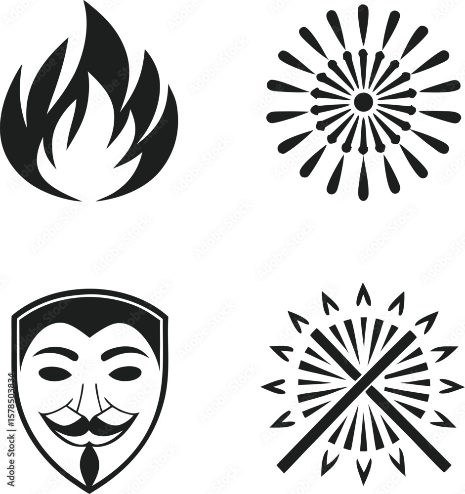 Fototapeta premium Fire, Fireworks, Anonymous Mask, and Prohibition Symbols Vector Icons