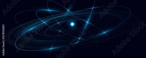 Abstract glowing atom featuring blue elliptical rings circling a radiant central core on a dark background. Atomic structure backdrop for scientific research presentation or website. Vector.