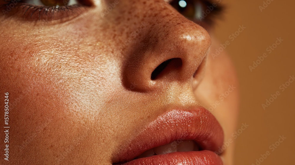 Naklejka premium Tanned female skin close up with smooth glowing texture and natural beauty in warm light