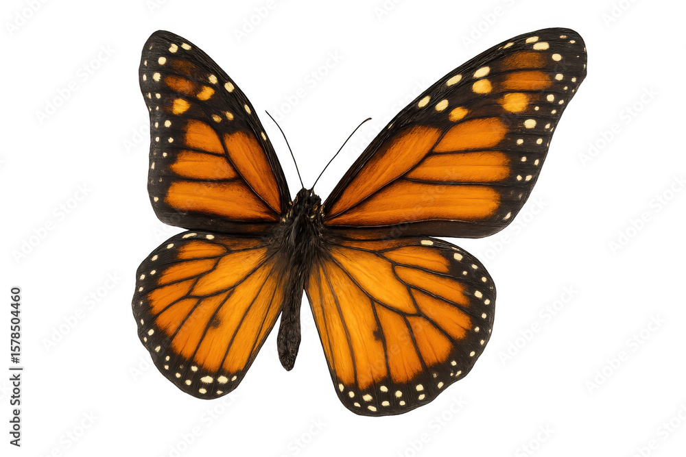 Naklejka premium Beautiful monarch butterfly with open wings, isolated on transparent background, ready to be used in any project