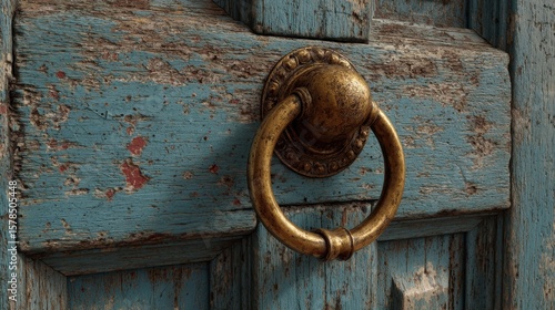 Close-up of weathered wooden door with old brass knocker, showing scratches and paint peeling, texture, worn