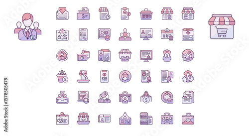 Collection of 42 flat, colorful icons representing various business, shopping, and communication concepts on a white background.