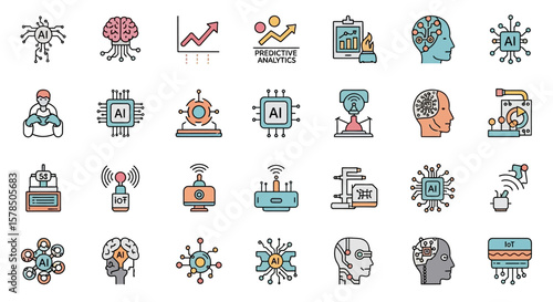 Collection of various AI-related icons, including technology, data analysis, and human-machine interaction.