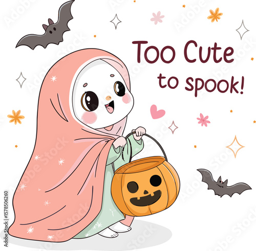 Kawaii Ghost Wrapped in a Pastel Blanket Holding Pumpkin Candy Bucket Surrounded by Bats and Sparkles, ‘Too Cute to Spook!’ Halloween Message on White Background.