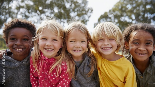 Happy group of kids smiling at the park , no logos, no brands