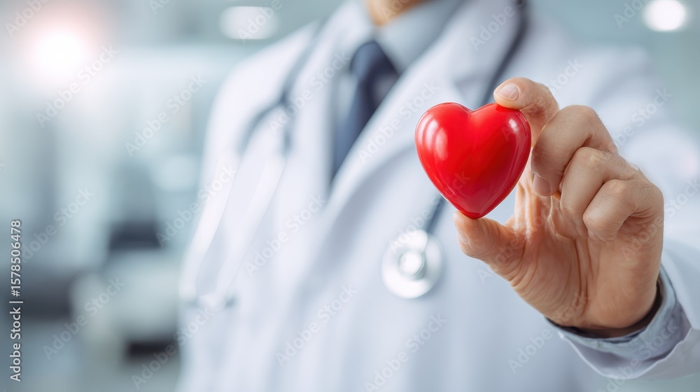 Fototapeta premium Cardiovascular disease doctor or cardiologist holding red heart in clinic or hospital exam room office for csr professional medical service, cardiology health care and world heart health day concept