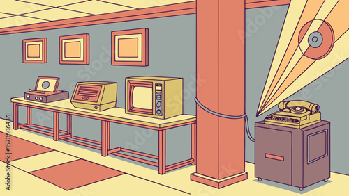 Retro media exhibit featuring vintage electronics and framed artwork in a museum setting display