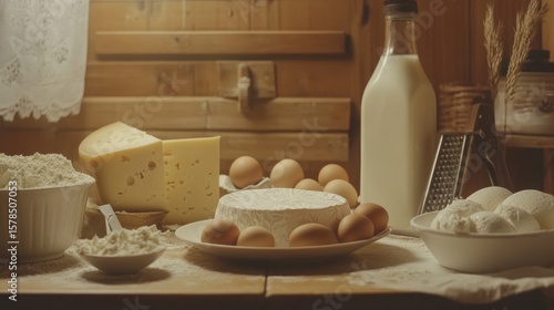Rustic dairy display on a wooden table