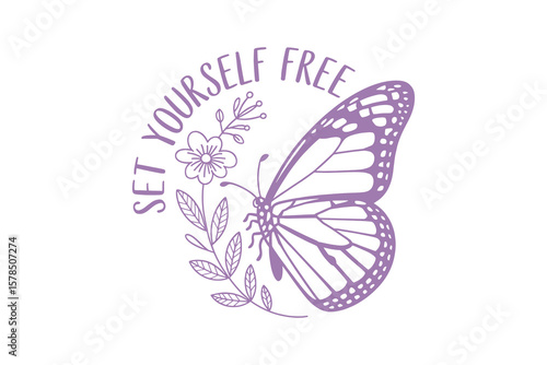 Set yourself free , A purple butterfly with Wildflower elements  SVG Design