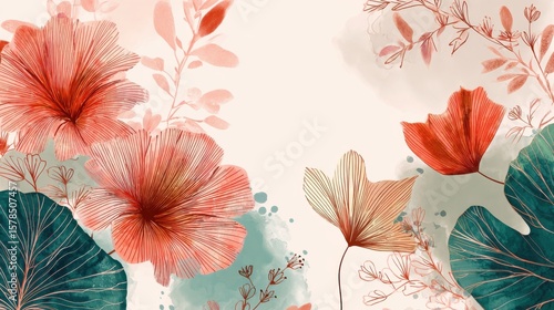 Flower watercolor art background vector. Wallpaper design with floral paint brush line art. leaves and flowers nature design for cover, wall art, invitation, fabric, poster, canvas print., no logos, 