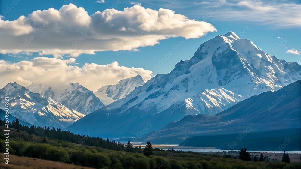 Obraz premium High-resolution photo of majestic snow-covered mountain peaks under a vivid blue sky with soft clouds – breathtaking natural beauty, winter calm, and outdoor inspiration for landscape wallpaper 