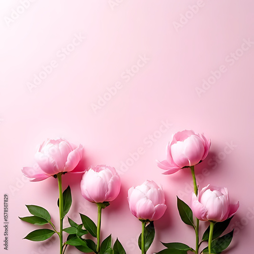 Blooming peonies placed asymmetrically on plain backdrop with high clarity 