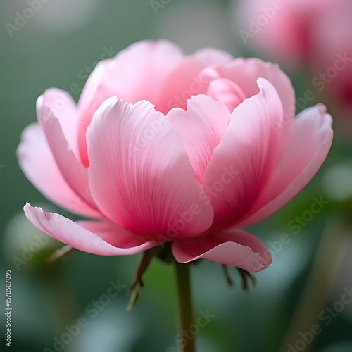 Close-up view of blooming peony with elegant soft focus background, well-balanced colors, minimal composition
