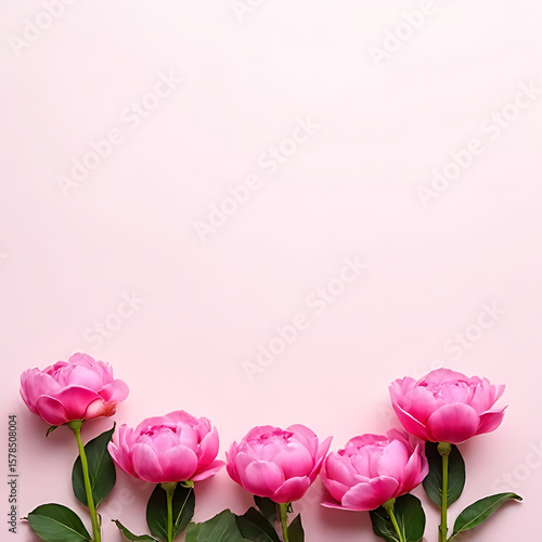 Blooming peonies placed asymmetrically on plain backdrop with high clarity 