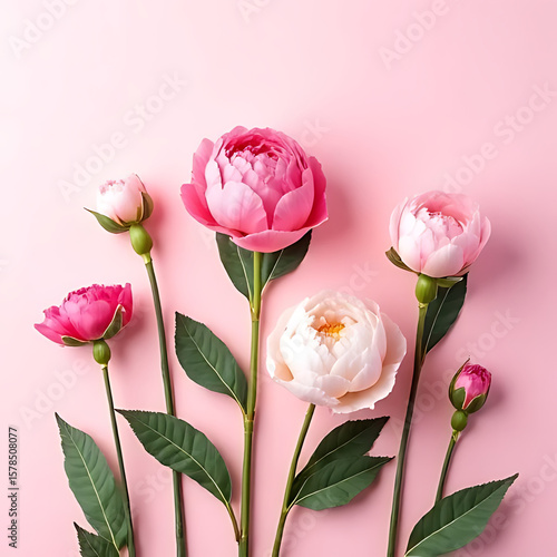 Blooming peonies placed asymmetrically on plain backdrop with high clarity 