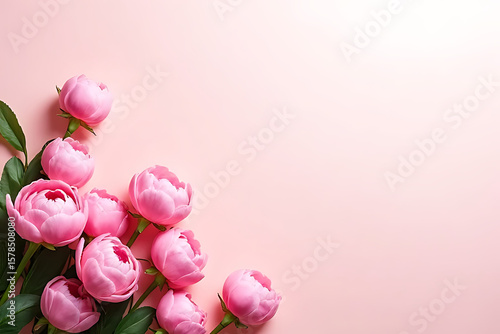 Stylized bouquet of peonies emerging from bottom corner, subtle background gradient, professional spacing for marketing 
