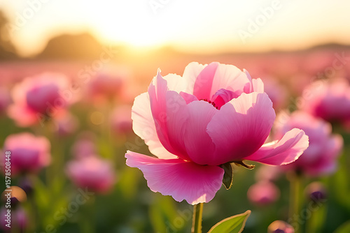 Peony flower field in soft morning light with vibrant color