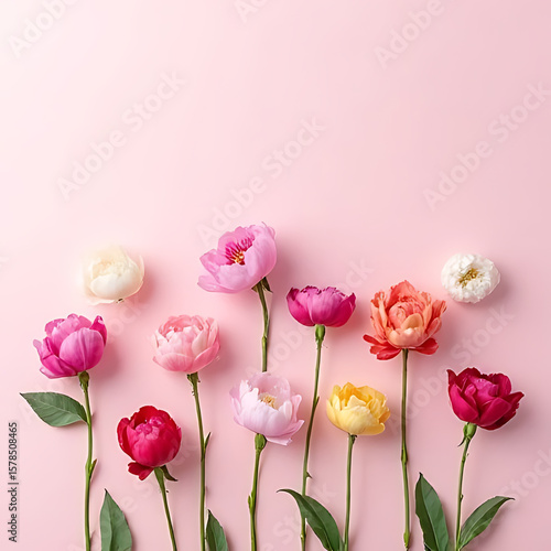 Multiple peony flowers with diverse shapes and shades artistically arranged on smooth pastel background, professional proportion 