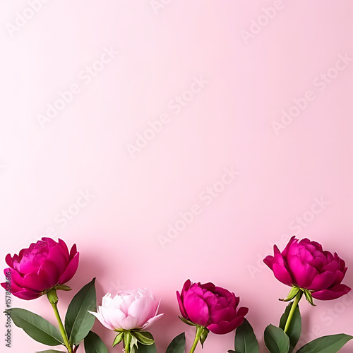 Blooming peonies placed asymmetrically on plain backdrop with high clarity 