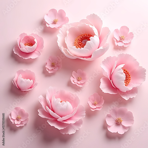 Multiple peony flowers with diverse shapes and shades artistically arranged on smooth pastel background, professional proportion 