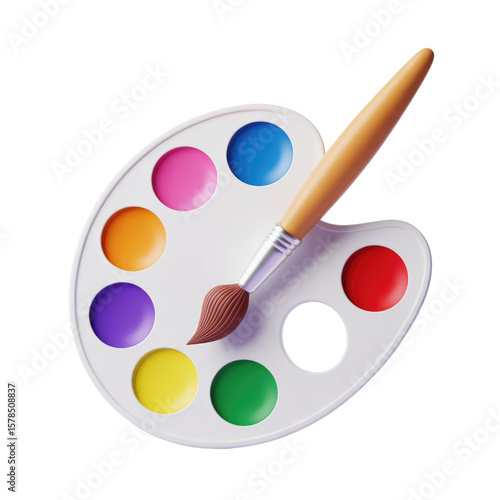 Artistic palette with vibrant watercolor paints and brush for creative painting projects