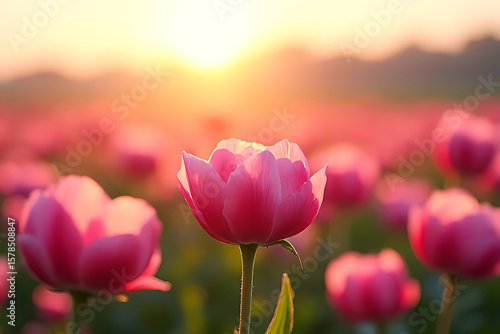 Peony flower field in soft morning light with vibrant color