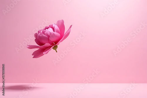 Single vivid pink peony floating on gradient background with artistic lighting, ample blank space for text overlay