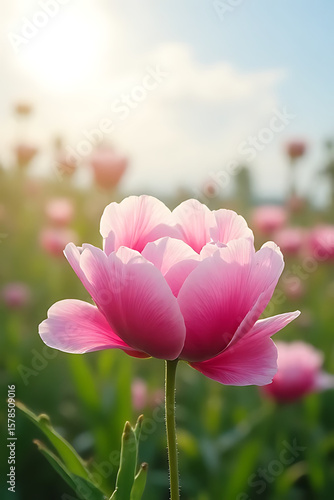 Natural peony garden scene with selective focus, soft clouds in background, strategic composition 