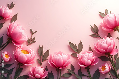 Creative layout of colorful peonies with shadow play and ample breathing space