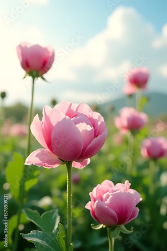 Natural peony garden scene with selective focus, soft clouds in background, strategic composition 