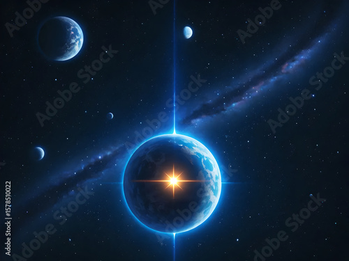 An amazing outer space view featuring a large planet with rings and several moons orbiting in the distance, set against a dark outer space backdrop.