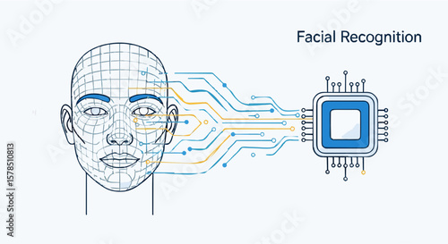 Facial recognition technology illustrated with a wireframe head connected to a microchip via digital pathways.