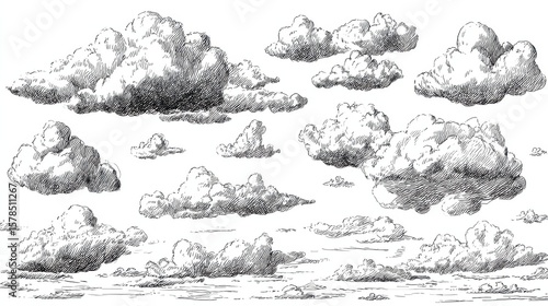 Sketch clouds. Hand drawn sky cloudscape. Outline sketching cloud vintage vector collection. Illustration of cloud shape of collection, no logos, no brands