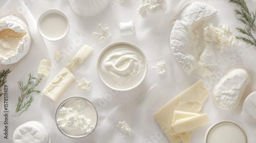 Variety of dairy products arranged on a white surface