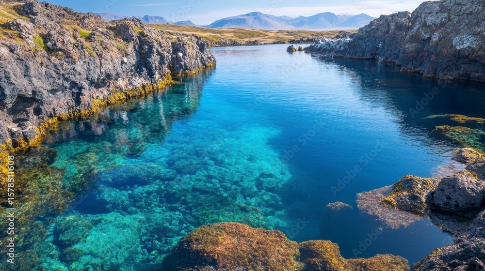 Fototapeta premium Clear turquoise water in a secluded cove, surrounded by dark volcanic rocks under a sunny sky.