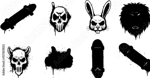 Set of graffiti spray pattern vector illustration. Collection of spray texture spooky animal mask, rabbit, lion, thumb up, skateboard. Elements on white background for banner, decoration, street art.