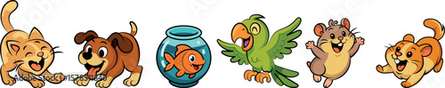 A black and white cartoon-style illustration featuring six adorable pet animals: a playful cat, a happy dog, a cheerful fish in a round aquarium, a smiling parrot with spread wings, an excited hamster