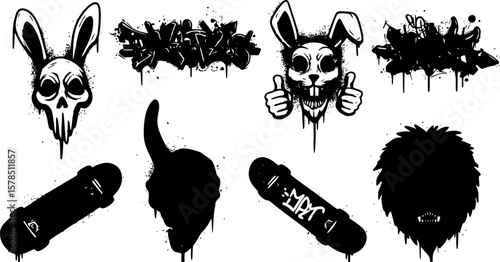 Set of graffiti spray pattern vector illustration. Collection of spray texture spooky animal mask, rabbit, lion, thumb up, skateboard. Elements on white background for banner, decoration, street art.