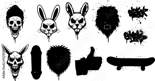 Set of graffiti spray pattern vector illustration. Collection of spray texture spooky animal mask, rabbit, lion, thumb up, skateboard. Elements on white background for banner, decoration, street art.